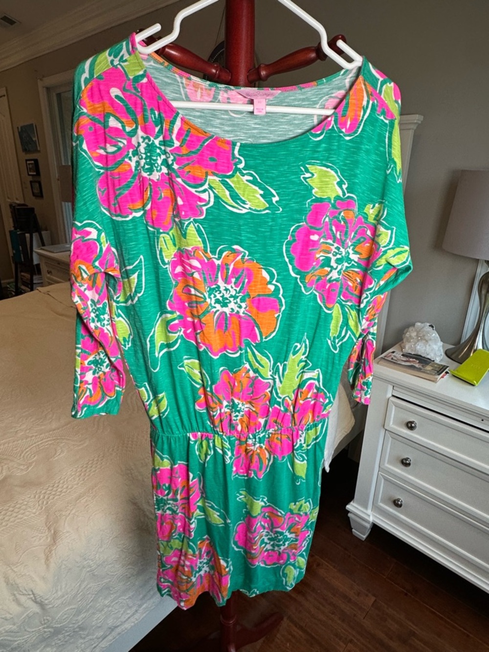 Lilly Pulitzer Cara Floral Mini Dress XS Green Pink Dolman Sleeve Beach Resort